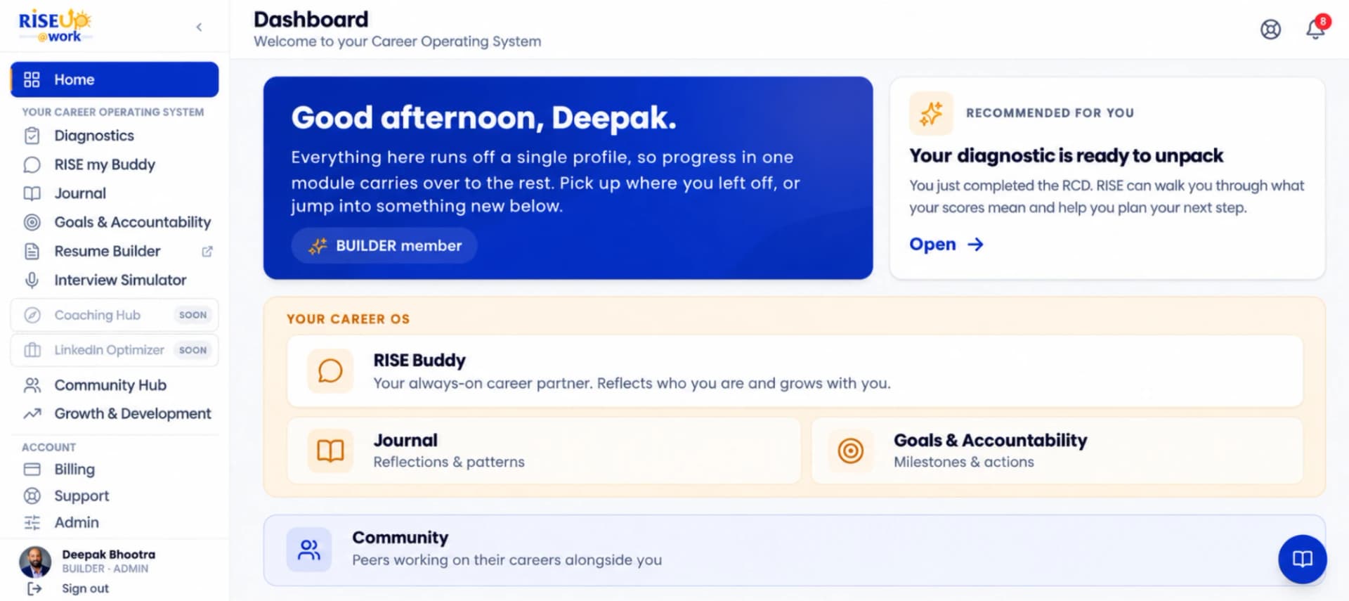 The RISEUP dashboard: a personal welcome, a recommended next step, RISE Buddy, Journal, Goals and Accountability, and Community