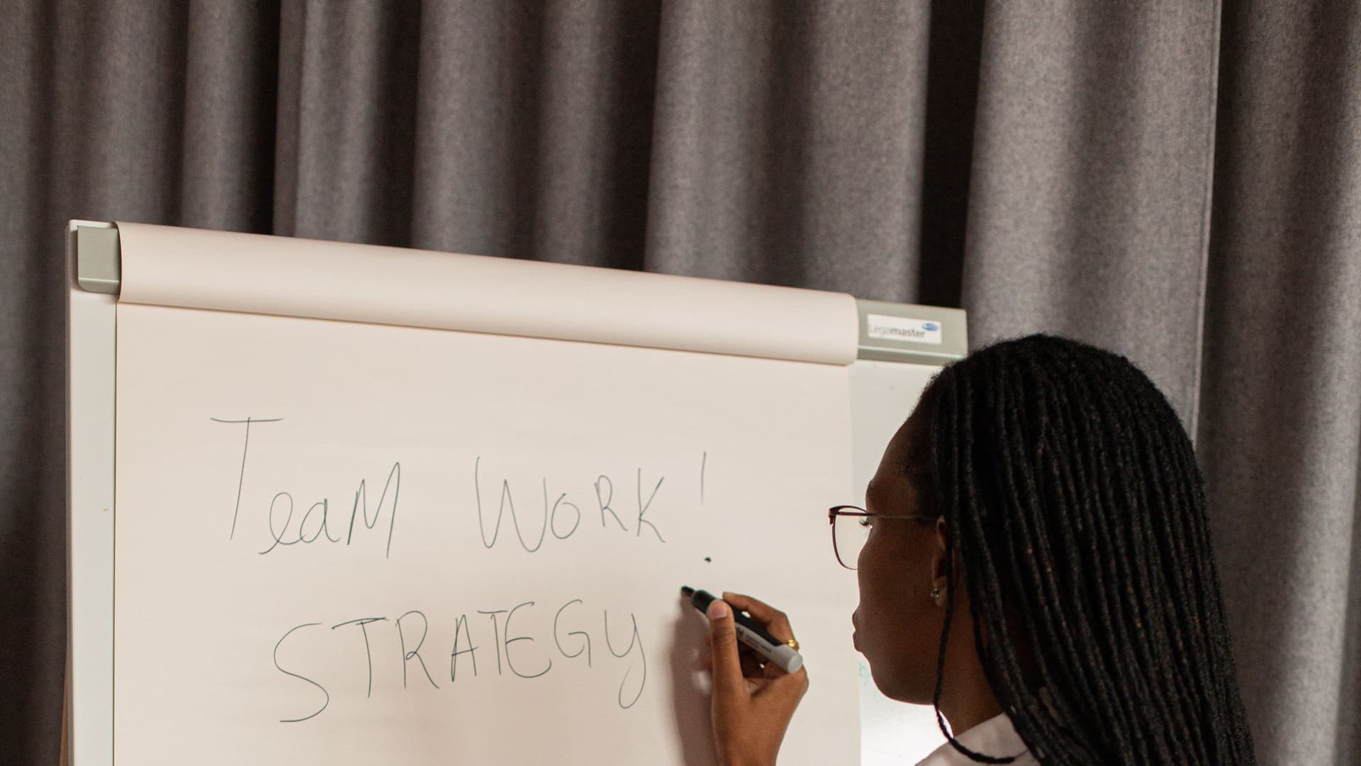A professional writing team work and strategy on a flip chart