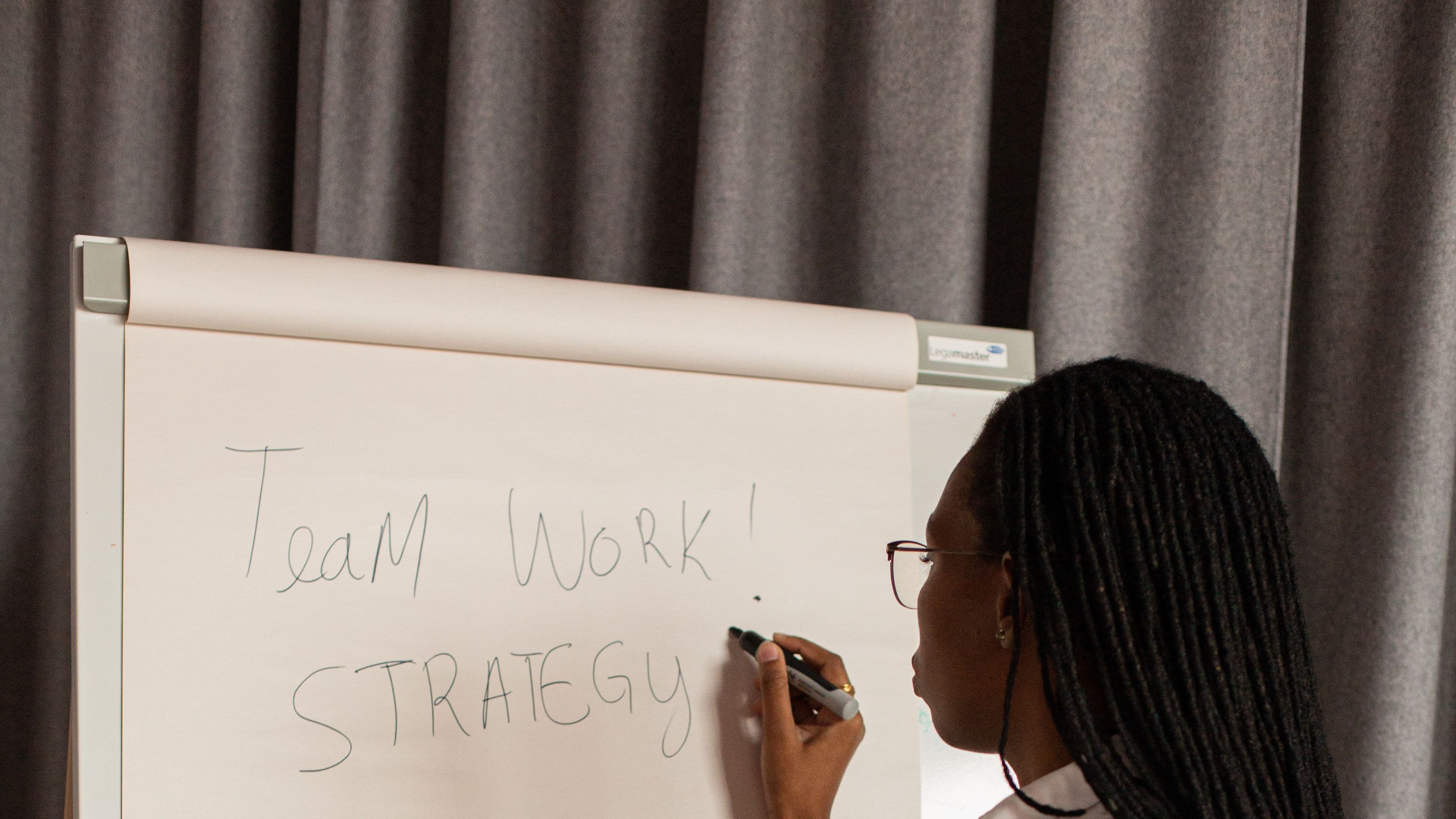 A professional writing team work and strategy on a flip chart